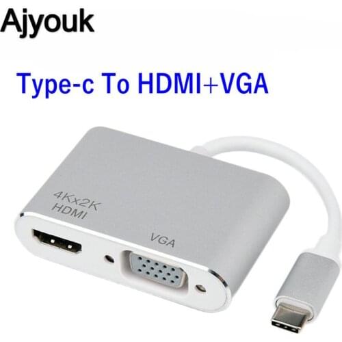 50PCS USB3.1 Adapter Type-c To HDMI+VGA 2 in 1 2k*4K 1080P Aluminum USB-C Adapter Converter for Apple MacBook Huawei Matebook