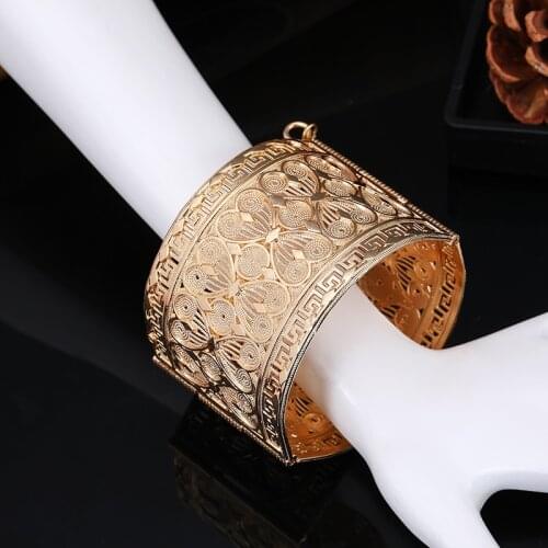 Algerian Jewelry Women Bangle Cuff Bracelets Flower Hollowed-out Golden Bohemia Ethnic Wedding Bijoux Hollow Flower big size