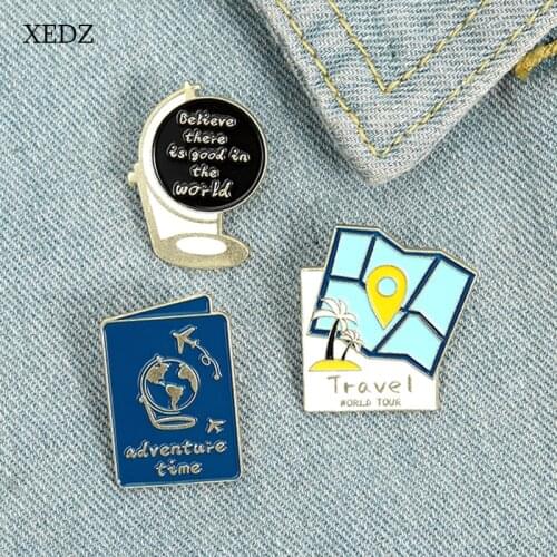 XEDZ Global Travel Enamel Brooch Blue Base Map Globe Passport Lapel Badge World Yarn Journey Jewelry Gift