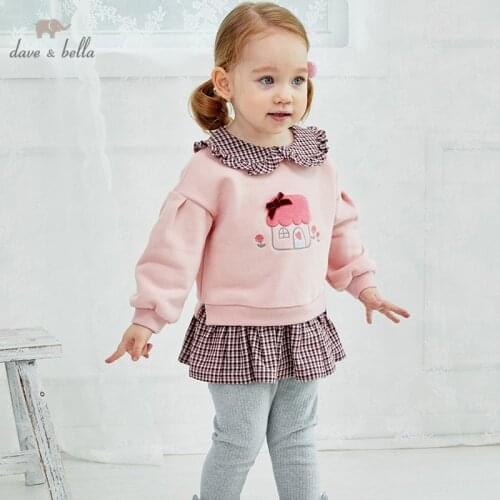 DBM14519 dave bella autumn baby girls cute bow floral plaid patchwork print T-shirt children tops girl kids fashion tees