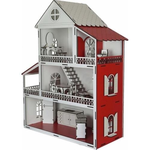 Woody Life Wooden Toy House Portable Doll House-Lol Baby Barbie Compatible Red
