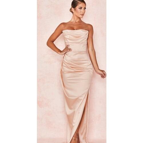 Long Satin Pink Evening Dresses with Slit Mermaid Sleeveless Zipper Back Floor Length Robes De Mariée Party Gowns For Women