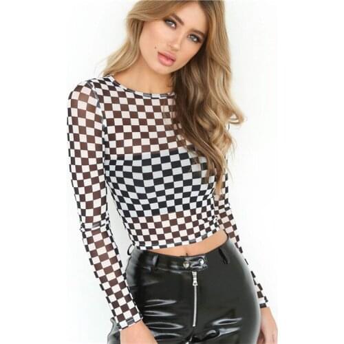 Hot Sale New T-Shirts Women Fashion Street Style Casual Black White Plaid Gauze Shirts O-neck Long Sleeve Tops for Women Spring