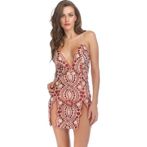 Deep V Neck red Autumn Sequined Backless Sexy Dress Women Off Shoulder Mini Dress Christmas Party Club Strap Dresses Vestidos