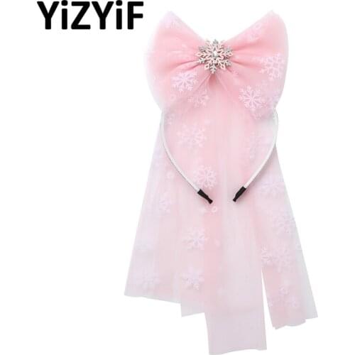 Crystal Snowflake Long Mesh Hair Hoop Hairband Headwear Kids Girls Princess Cute Bowknot Headband Hair Adornment Accessories
