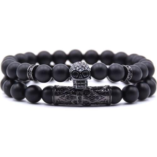 HYHONEY 2Pcs/Set popular Pave CZ Skull Charm Bracelet Classic Matte Black Natural Stone beads Bracelets Men Jewelry 2018