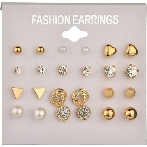 12 Pairs/Set Gold Crystal Stud Earrings Set for Women Simple Elegant Ear Studs Jewelry Heart Pearls Zircon Rhinestone Earrings