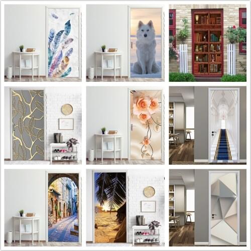 3D Fine Fashion Wallpaper On The Door Self-adhesive Removable DIY Home Decor Stickers For Doors Living Room Bedroom Renew Mural