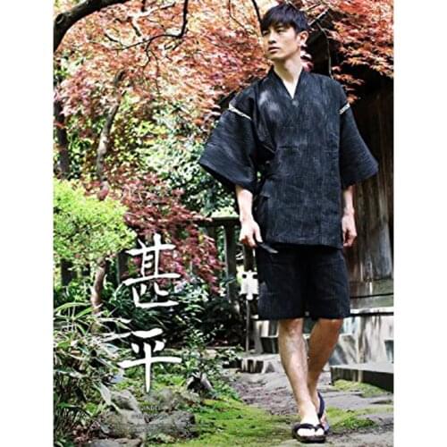 Man Japanese Traditional Costumes Samurai Jinbei Loose Sleepwear Thin T-shirt+shorts Cotton Sauna Yukata Male Oriental Pajamas