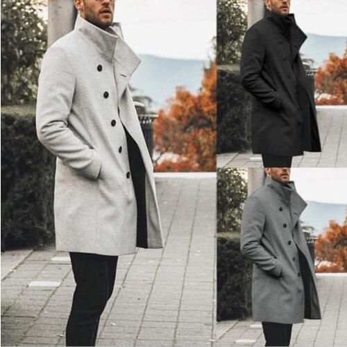 Mens fashion slim mid-length woolen trench coat with stand-up collar in stock
