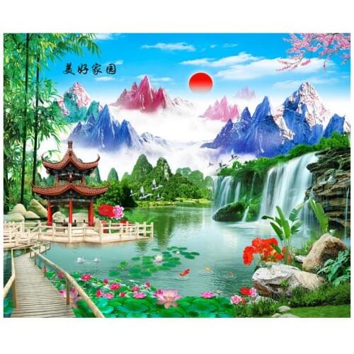 3d wallpaper custom photo non-woven mural wall sticker 3 d Lake bridge pavilion floor painting 3d wall room murals wallpaper