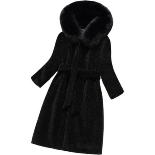 New Fad Winter Fashion Women Woolen Cashmere Overcoat with Fox Fur Hood Female Lady Warm Clothing Black Plus Size 3xl A075