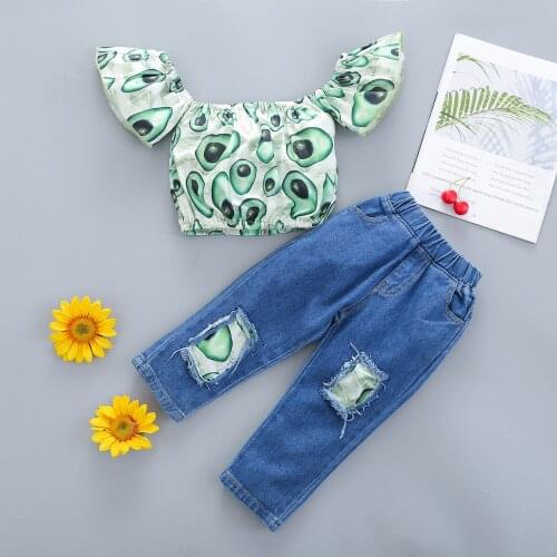 New Girl’s T-shirt and Trousers Suit Fresh Fruit Print Short Sleeve Tops and Stitching Denim Pants