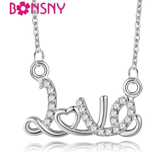 Bonsny Alloy Rhinestone LOVE Letter Pattern Necklace Crystal Pendant Chain Choker Charms Fashion Jewelry For Women Girls Gift