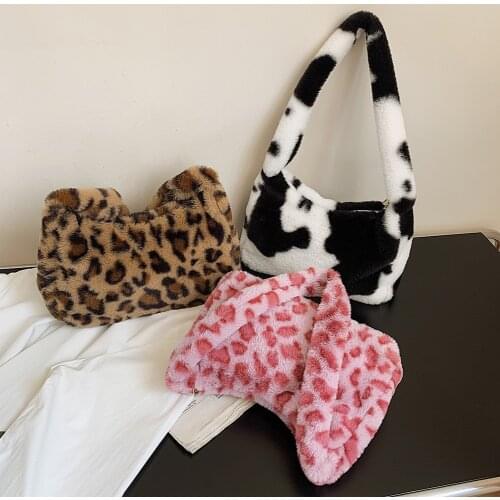 2021 Winter Cow Print Underarm Bags For Women Soft Plush Pink Leopard Small Shoulder Bags Female Warm Fluffy Tote Bags Bolsas