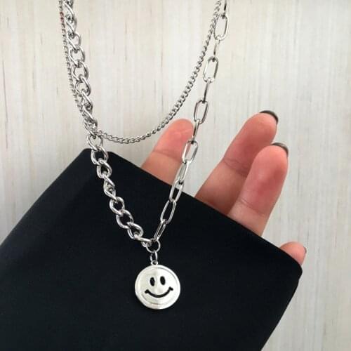 Vogallery Fashion Smiley Face Multilayer Pendants Necklaces For Women Hip Hop Chain On The Neck Asymmetric Jewelry