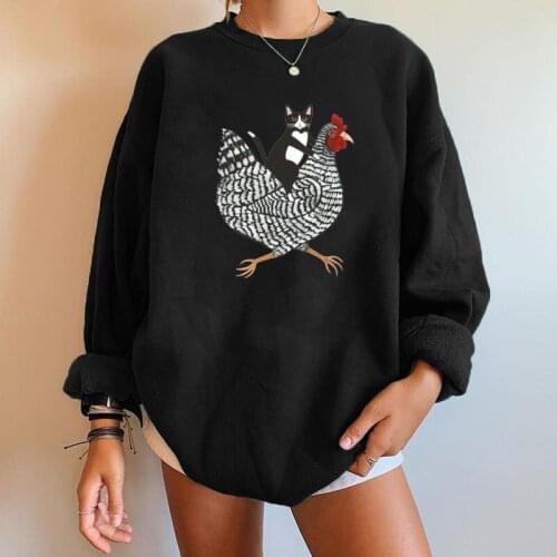 Funny Sweatshirts Women Cat Riding Chicken Printing Cute Cartoon Womens Winter Tops Clothes Drop-shoulder Designer Sweatshirt