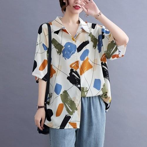 Oversized Women Summer Casual Shirts New Arrival 2021 Simple Style Vintage Print Loose Comfortable Female Short Sleeve Tops B601