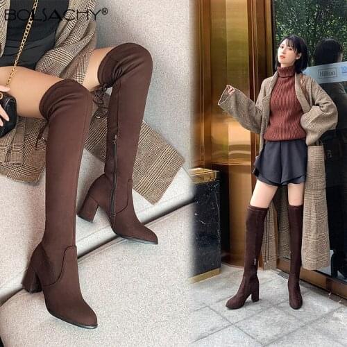 Women Over-The-Knee Boots Fall/Winter 2021 New High-Heeled Slimming Lace-Up Skinny Stretch Boots Zip Thick-heeled Long Boots