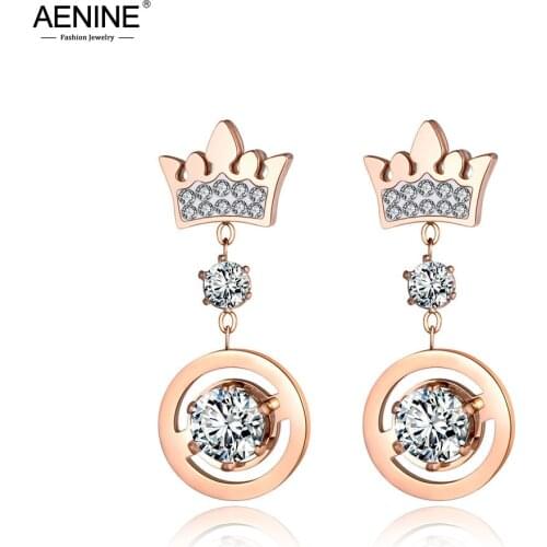 AENINE Trendy Stainless Steel Rose Gold Cubic Zirconia Crown Stud Earrings Sparkling Wedding Earrings Jewelry For Women AE19092