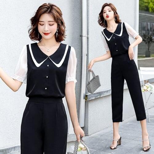 Professional Suit Female Summer 2021 New Korean Fashion Short-Sleeve Blouse + Cropped Trousers Temperament OL Two Piece aq912