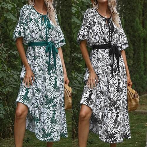 Long Floral Print Dress Robe Ruffle Half Sleeve Women Dress Plant Leaf Print Thin V Neck Lace-Up Large Hem Midi Dress Streetwear