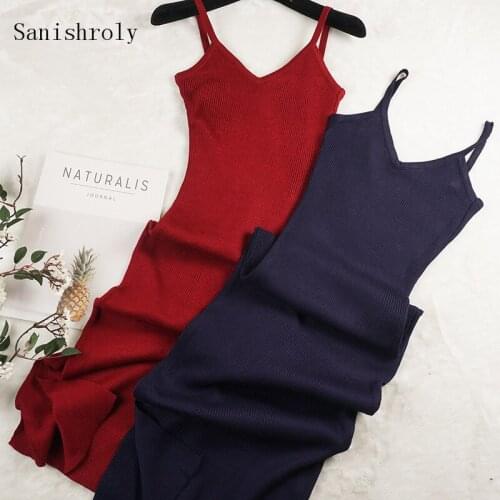Sanishroly Women Spaghetti Strap Dresses Sexy Split V-Neck Long Knitted Dress Female Sleeveless Bodycon Tank Dress Vestidos C044