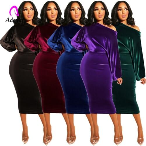 Purple Velvet Women New 2020 Spring Winter Off Shoulder Long Sleeve Bodycon Dress Office Lady Sexy Pencil Party Dresses 5 Colors