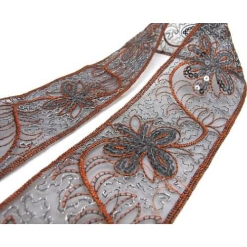 2 1/4 Inches Brown and Black Sequined and Thread Edged Embroidered Ribbon Trim|Beaded Embroidered Trim|Craft Supplies