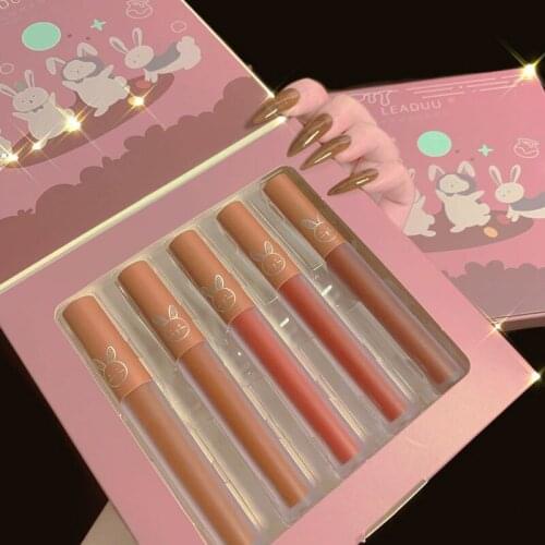 5pcs Velvet Matte Lip Glaze Set Pink Packaging Bunny Ladies Lip Gloss Lipstick Long Lasting Waterproof White Long Lasting TSLM1