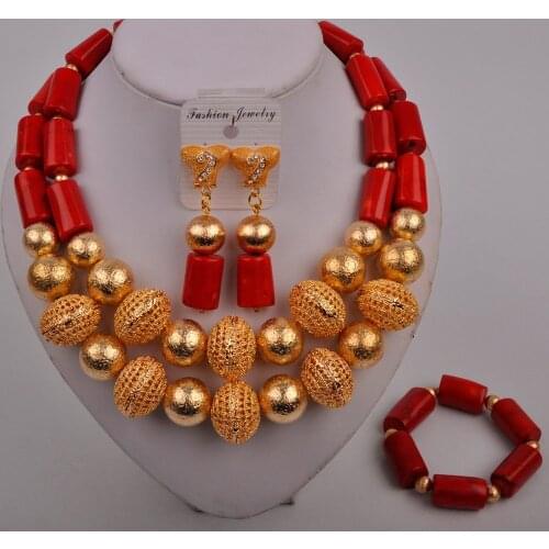 African Fashion Jewelry Set Coral Necklace Earrings Bracelet Jewelry Sets Nigerian Wedding Bridal Jewelry Sets