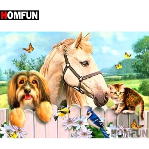 HOMFUN Full Square/Round Drill 5D DIY Diamond Painting "Horse and cat dog" 3D Diamond Embroidery Cross Stitch Home Decor A19466