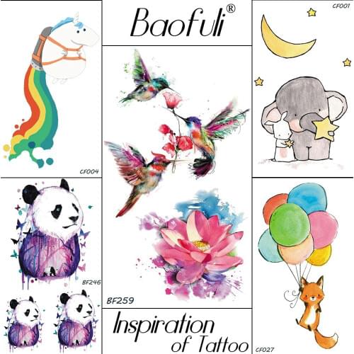 Baofuli Rainbow Panda Watercolor Tattoo Hummingbird Elephent Fox Children Catroon Lotus Unicorn Rabbit Temporary Tattoo Stickers