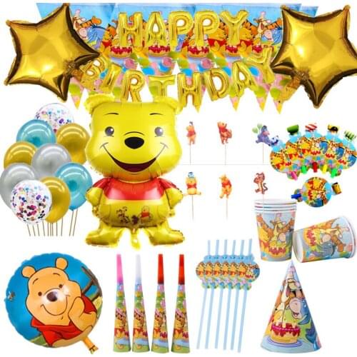 Disney Winnie The Pooh Party Supplies Disposable Bear Balloon Cup Baby Shower Birthday Party Decorations Kids Faovr Sticker Gift