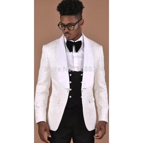 Elegant White Paisley Floral Men Suit 2018 Groomsmen Tailor Made Suit Groom Tuxedos Men Suits For Wedding Groom Best Man Blazer