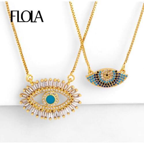 FLOLA Gold Evil Eye Necklaces Women With Crystal Cubic Zirconia Turkish Blue Eye CZ Necklace Statement Jewelry olho grego nkeq01