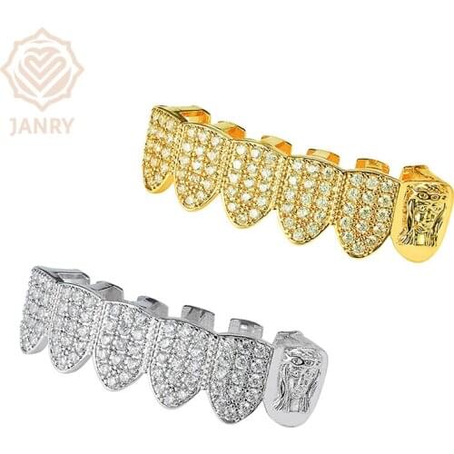 JANRY Cuban Link Grillz Pure HQ Gold Color Plated Hip Hop Bottom Teeth Grills Flooded CZ Stones Tooth Grill For Men Women Gift