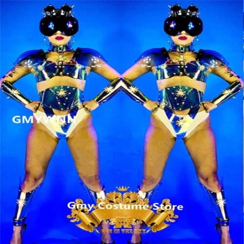 K50 Female silver mirror dance costumes stage wears robot suit dj dresses armor clothe party outfit bar clothe ds bodysuit disco