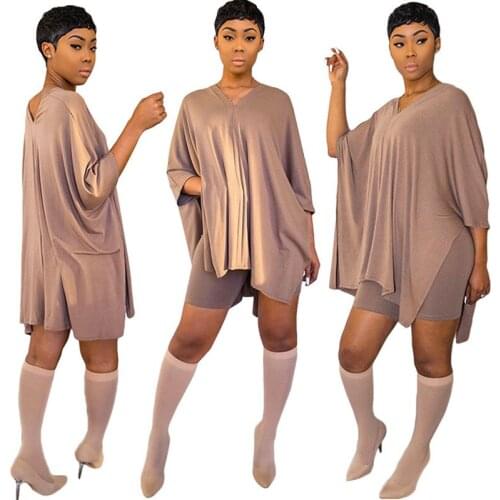 Spring Summer Two Piece Set Tracksuit Women V-neck Loose Batwing Sleeve Long Top + Shorts Suit Casual Matching Sets Lounge Wear