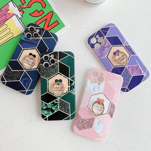 Geometric Marble Phone Case For iPhone 11 12 Pro Max 12 Mini XS Max X XR 7 8 Plus Finger Ring Soft IMD Love Heart Phone Cover
