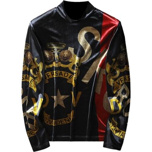 Autumn Long Sleeve Luxury Print T-shirts Men 2021 Velvet Turtleneck T-shirt Streetwear Casual Hip-Hop Tops Male Clothing Camisas