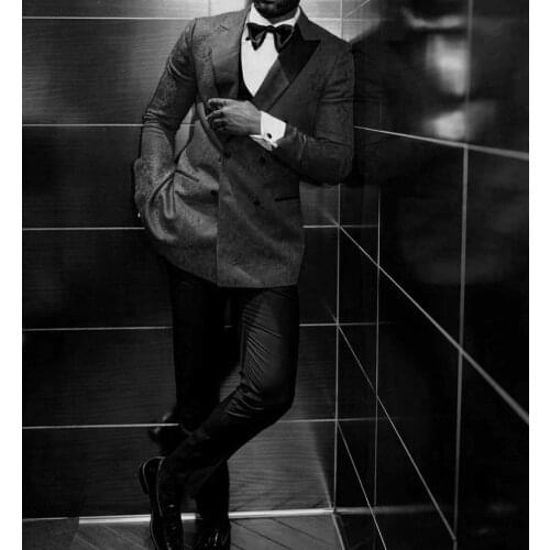 Double Breasted Groomsmen Black Groom Tuxedos Peak Lapel Men Suits 3 Pieces ( Jacket+Pants+Vest+Bow Tie ) D309