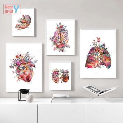 Anatomy Art Medical Canvas Painting Floral Organs Heart Lung Poster Print Student Education Hospital Picture Modern Decoration
