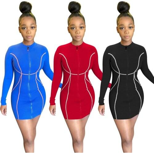 2021 Summer New Style Sexy Popular Commuter Fashion Sports Casual Pure Color Zipper Long Sleeve Dress