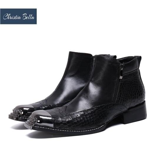 Christia Bella Metal Toe Business Formal Prom Boots Increse Height Motorcycle Man Short Boots New Italian Zip Real Leather Boots