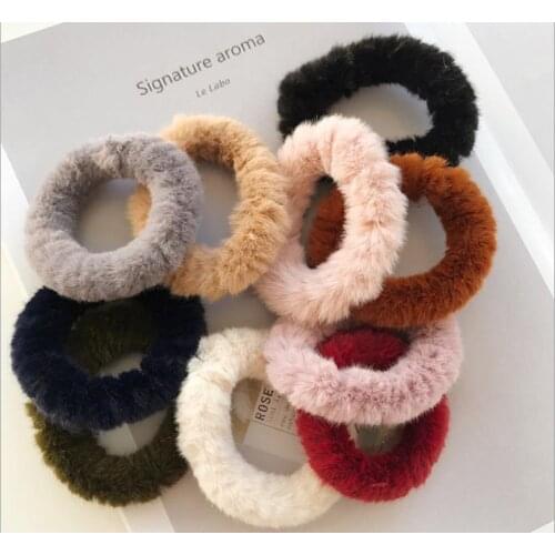 Hot Faux Fur Pom Poms Hair Scrunchies Elastic Hair Bands Solid Artificial Rabbit Hair Ties Girls Hair Accessories