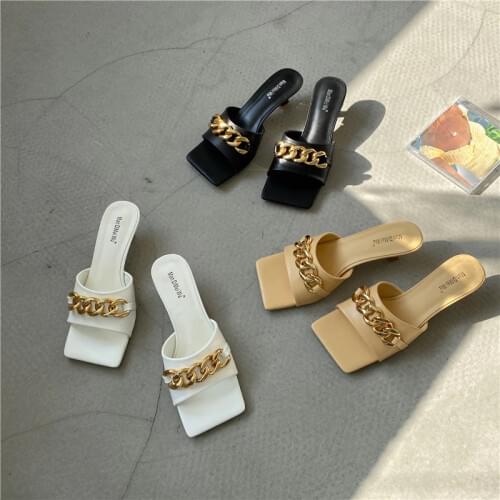 Fashion Women Square Toe Slippers Metal Chain Shallow Slip On Low Heels Black/Yellow/White Casual Slides Slippers Elegant Slides