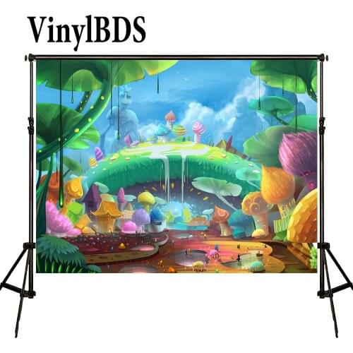 VinylBDS Photography Background Cartoon Forest Colorful Mushrooms Photo Fairy Tale Forest Background for Photography Studio