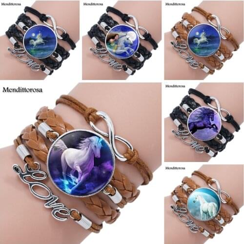 Mendittorosa Cute horse Vintage Fashion Glass Multilayer Black/Brown Leather Bracelet Bangles Jewelry Handmade For Girl