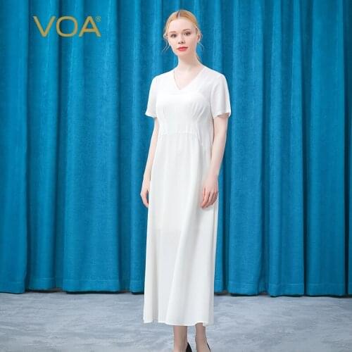 VOA 31m/m Heavy Smooth Pure White V-neck Fold Waist Stitching Short Sleeve Concave and Convex Wave Point Quiet Dress AE800